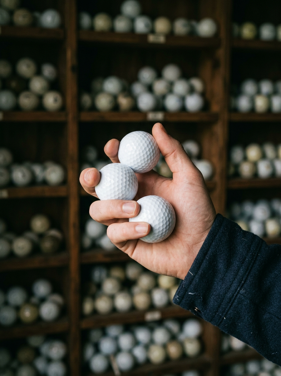 Hand holding three clean golf balls in front of shelves of sorted balls