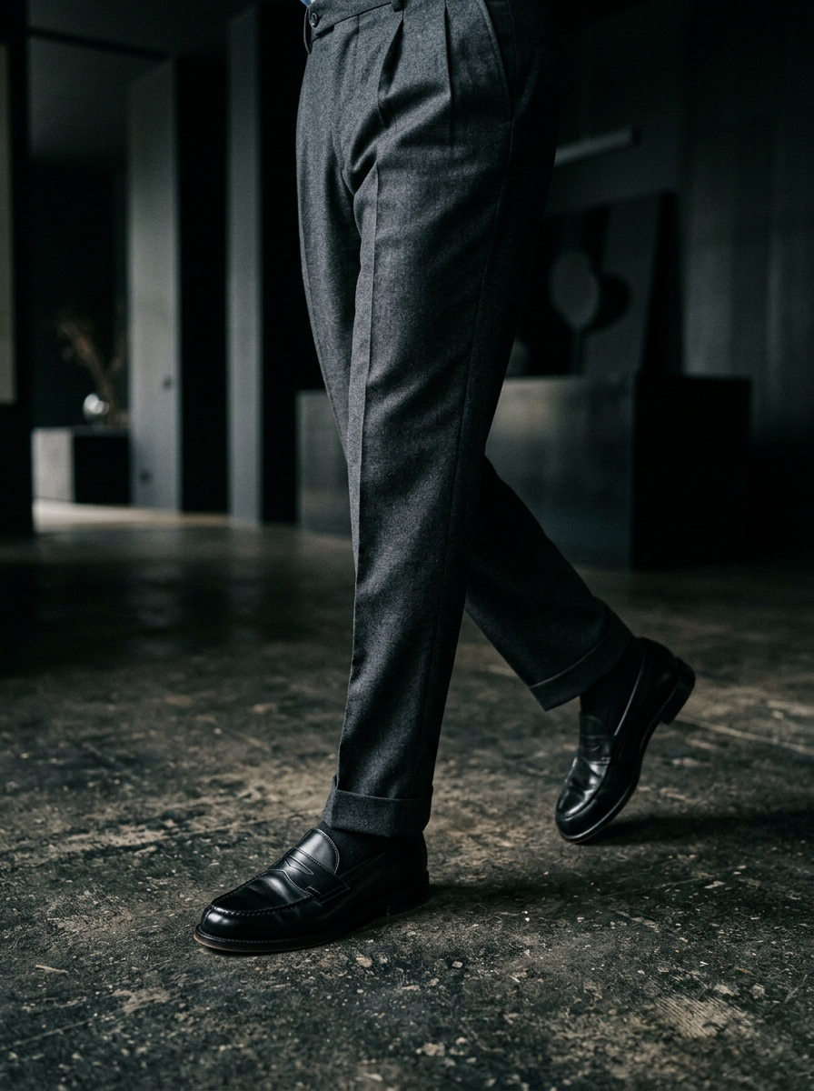 Pleated charcoal wool trousers with leather loafers