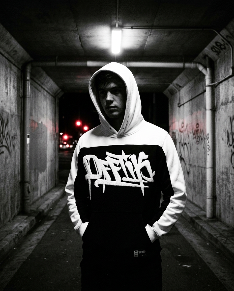 Model in the OFFTIK Two-Tone Hoodie standing under a single light in a dark concrete underpass