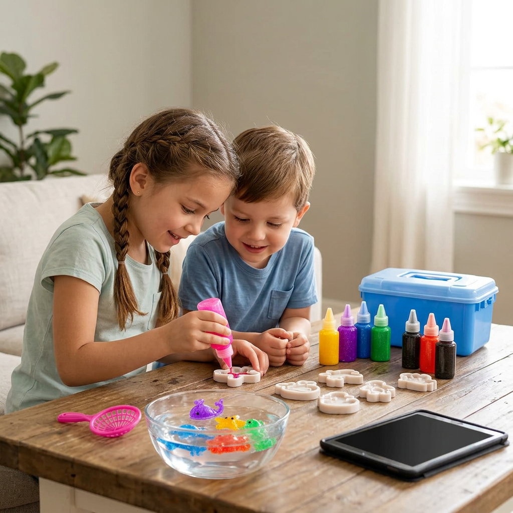 Sourozenci plní formičky gelem Magic Water Squishies, vypnutý tablet leží stranou