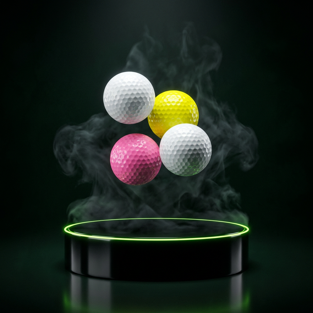 50 Mystery Golf Balls, Pristine grade, floating above a glowing obsidian pedestal