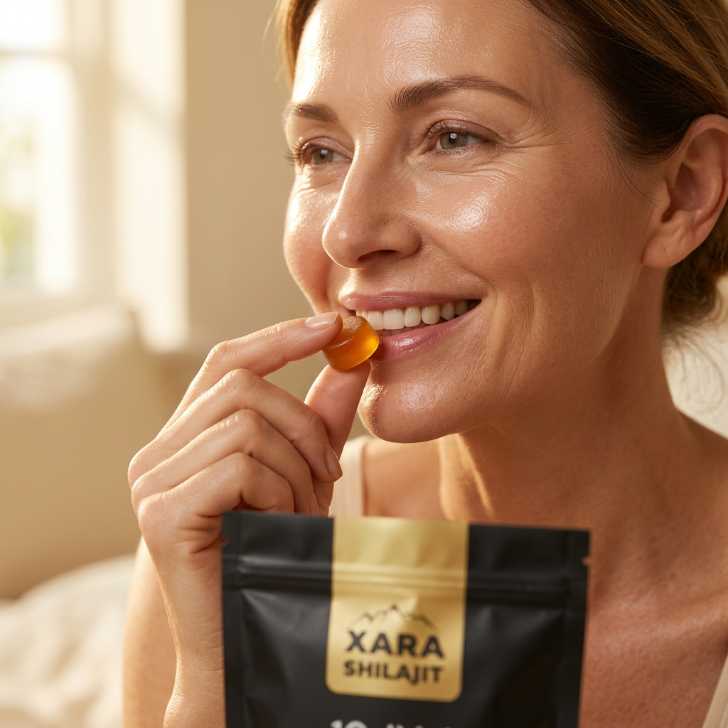 Woman in her fifties with radiant, dewy skin holding a XARA honey gummy