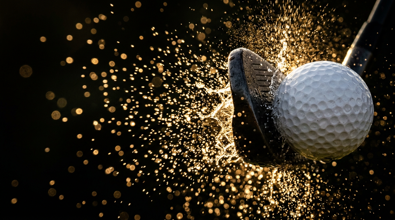 Macro of a golf ball's dimples at impact, water droplets lit by sunrise