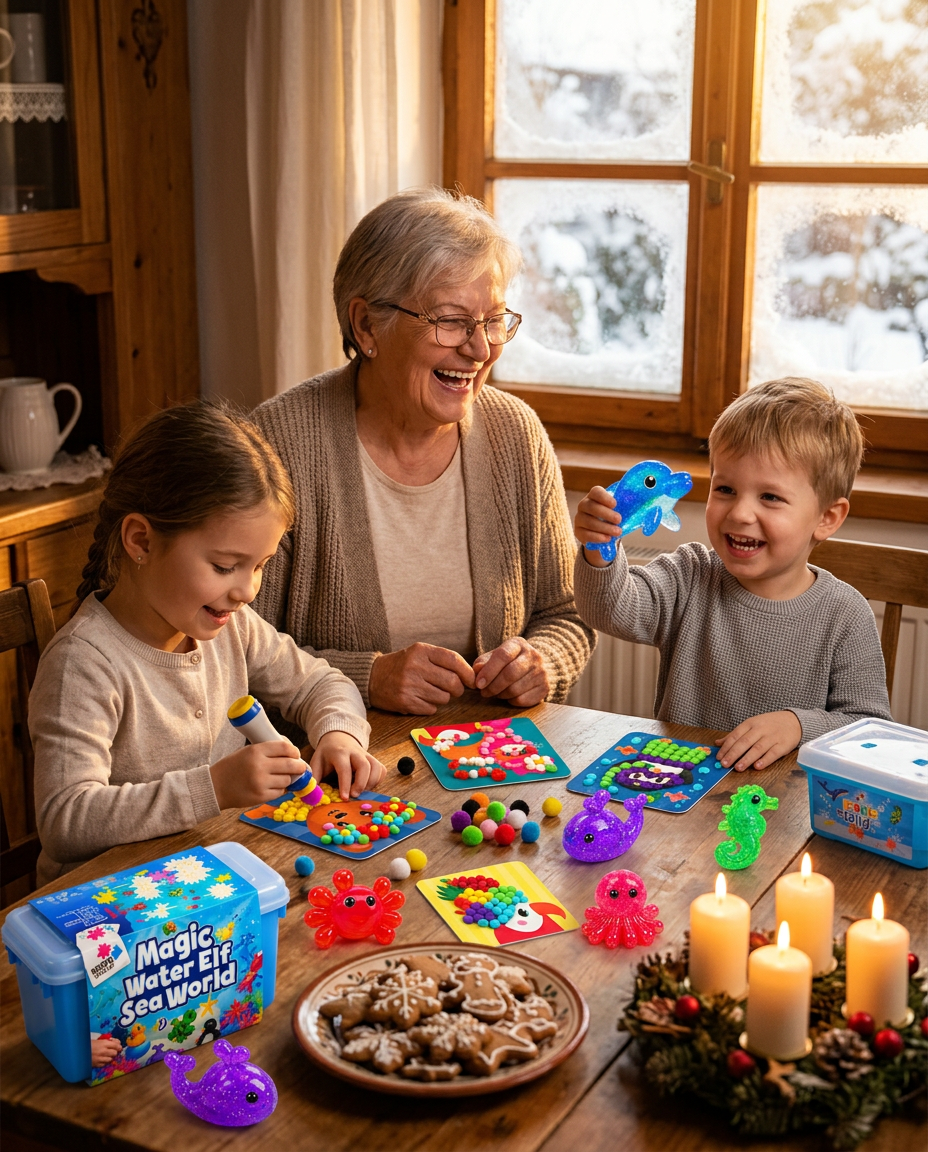 Babička s vnoučaty tvoří u adventního stolu – vnučka zdobí kartičku bambulkami, vnuk ukazuje třpytivého squishíka