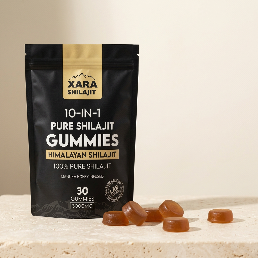 XARA 10-in-1 shilajit gummy pouch with honey gummies on a cream stone surface