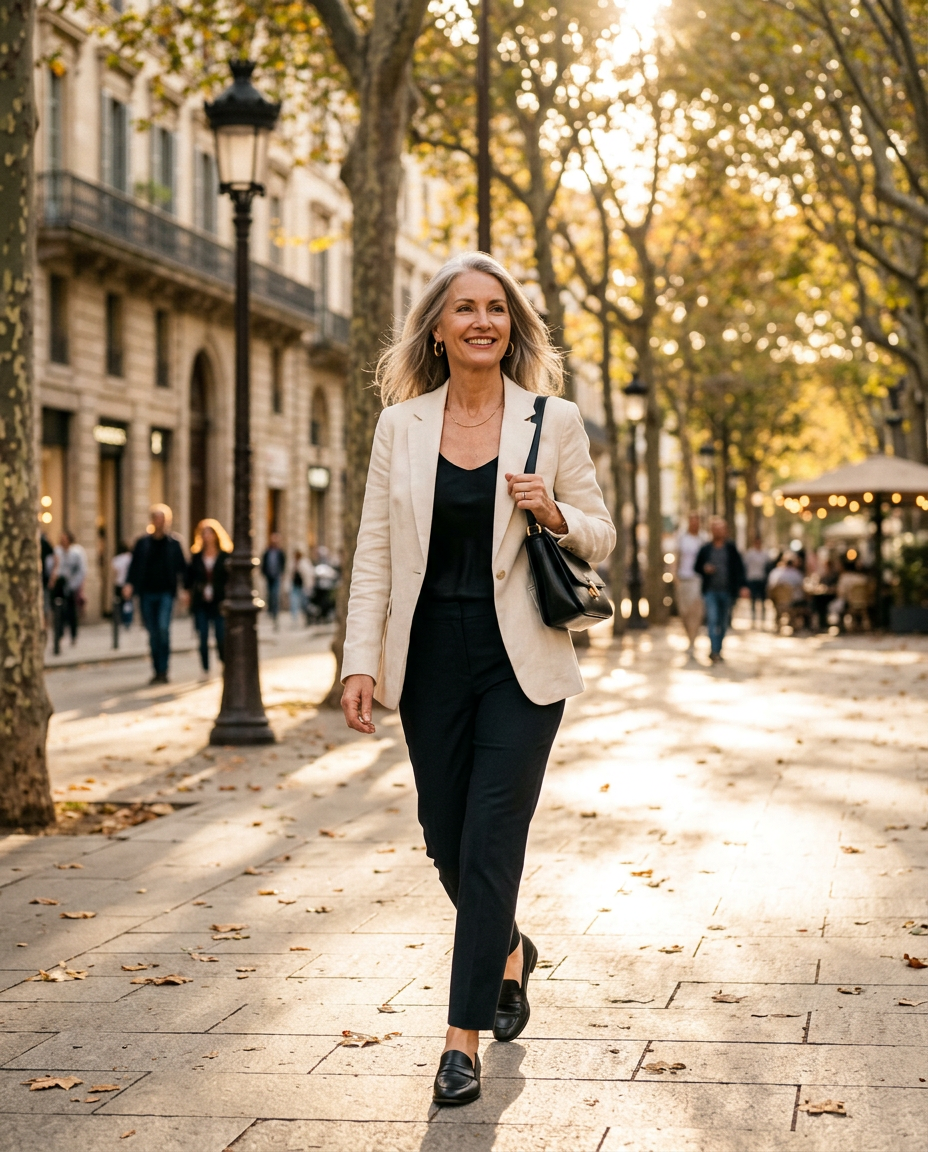 Confident woman in her fifties walking down a sunlit street in a cream blazer, smiling
