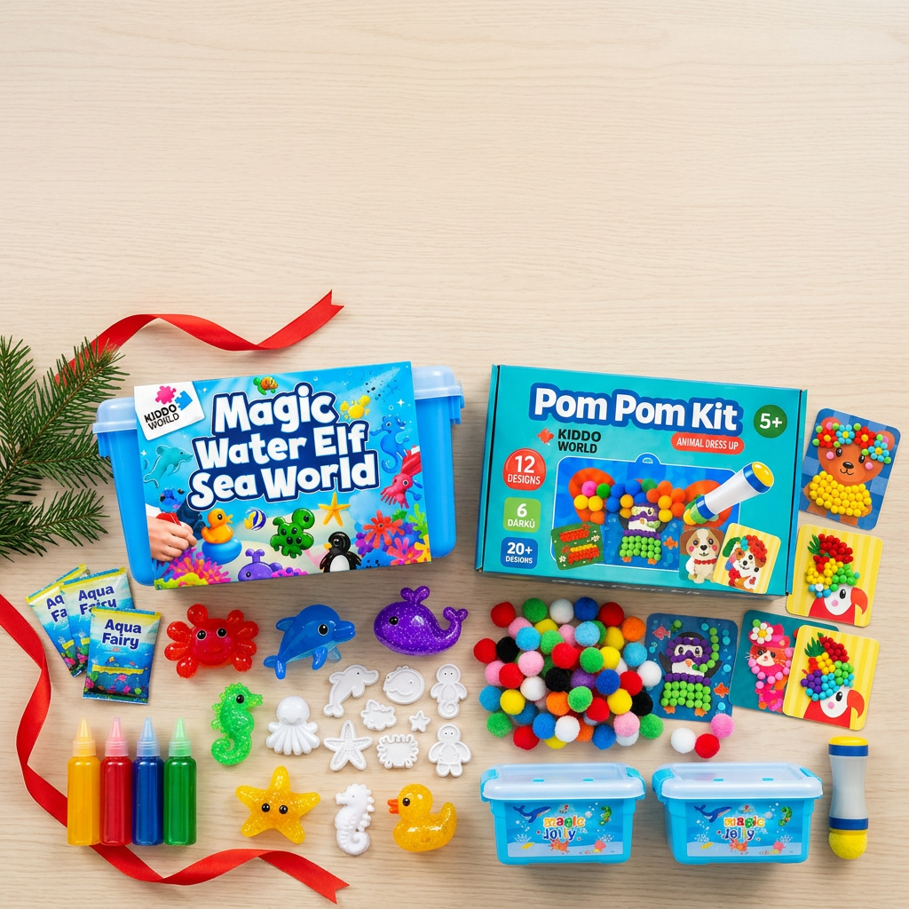 Obě sady – Magic Water Squishies a Pom Pom sada – se všemi 6 dárky zdarma na stole
