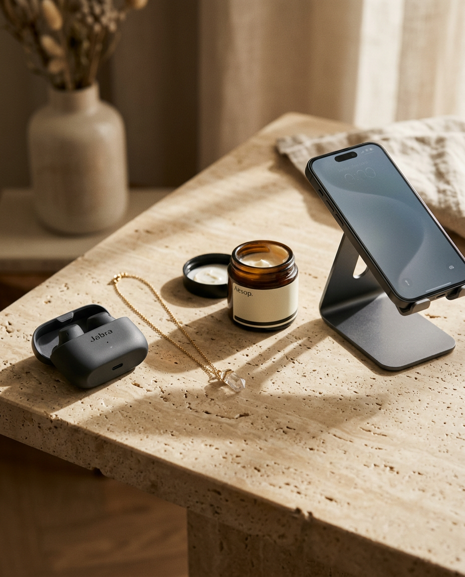 Curated everyday essentials on a travertine surface