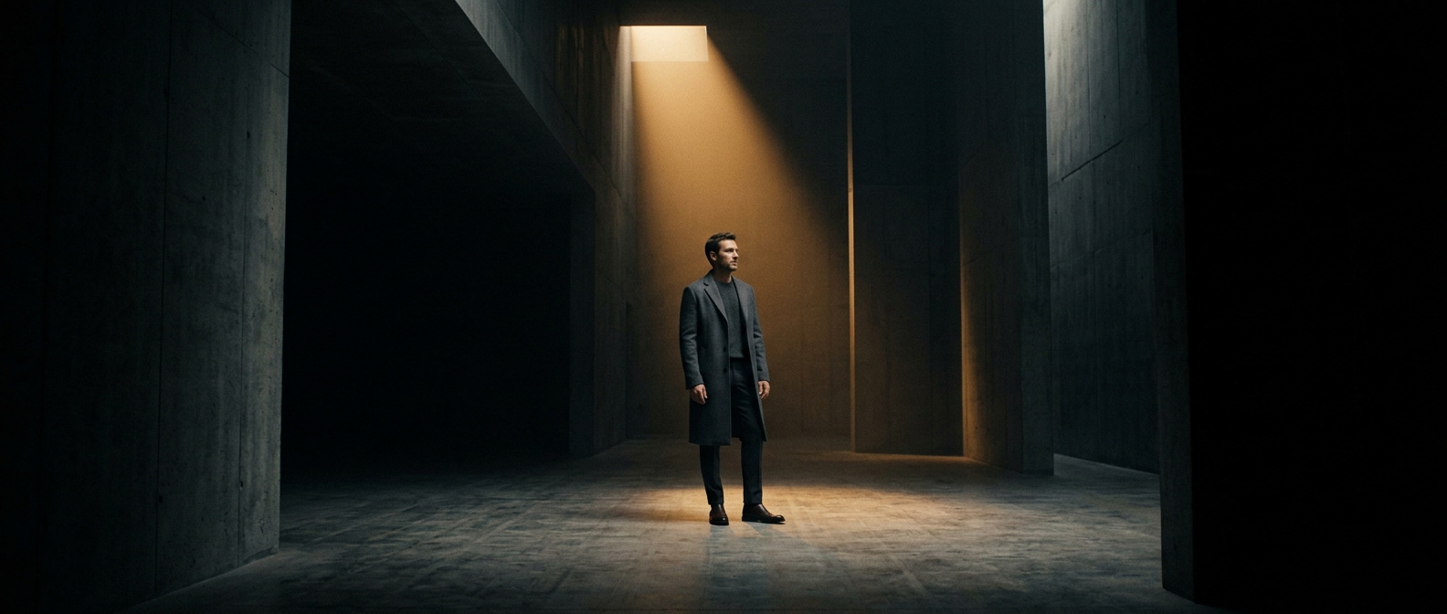 Man in a long charcoal overcoat standing in a beam of warm light