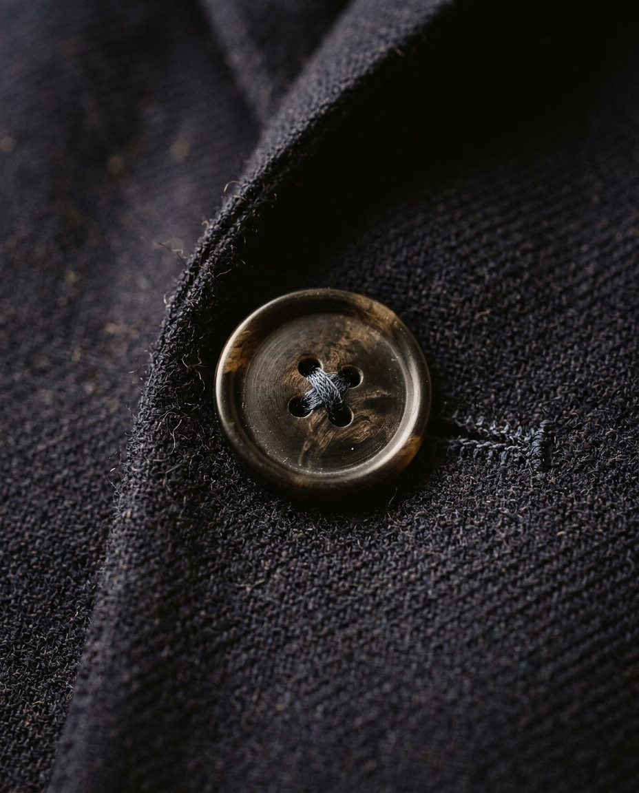 Macro detail of dark wool suiting with a horn button and fine stitching