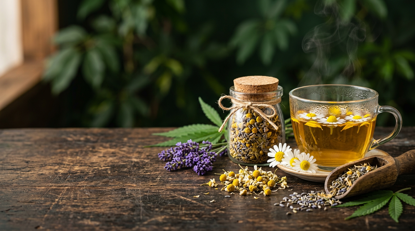 Tasse d'infusion aux plantes et fleurs de camomille