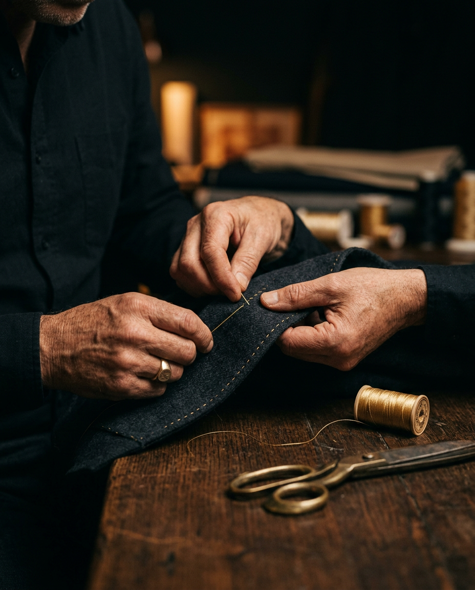 Tailor's hands hand-stitching the lapel of a dark wool jacket with gold thread