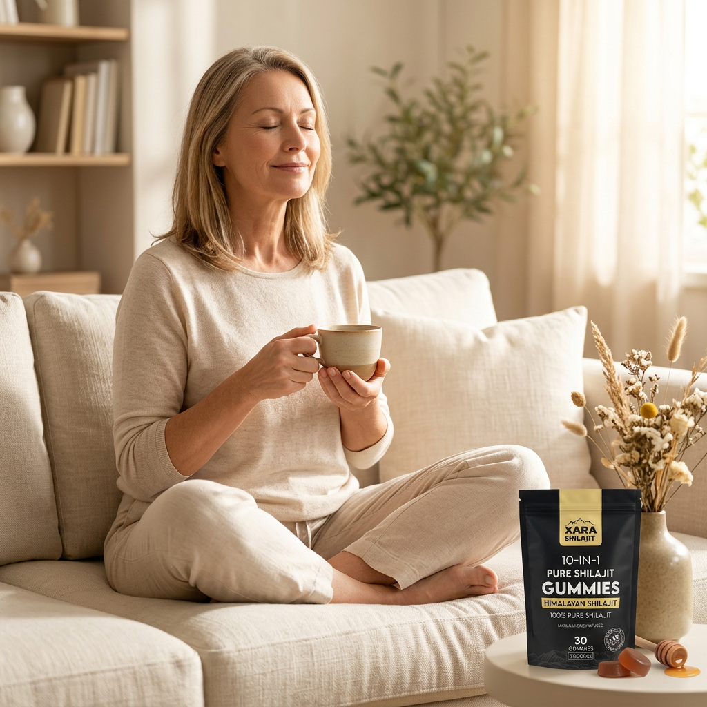 Calm woman in her fifties relaxing with tea on a sunlit sofa next to the XARA pouch