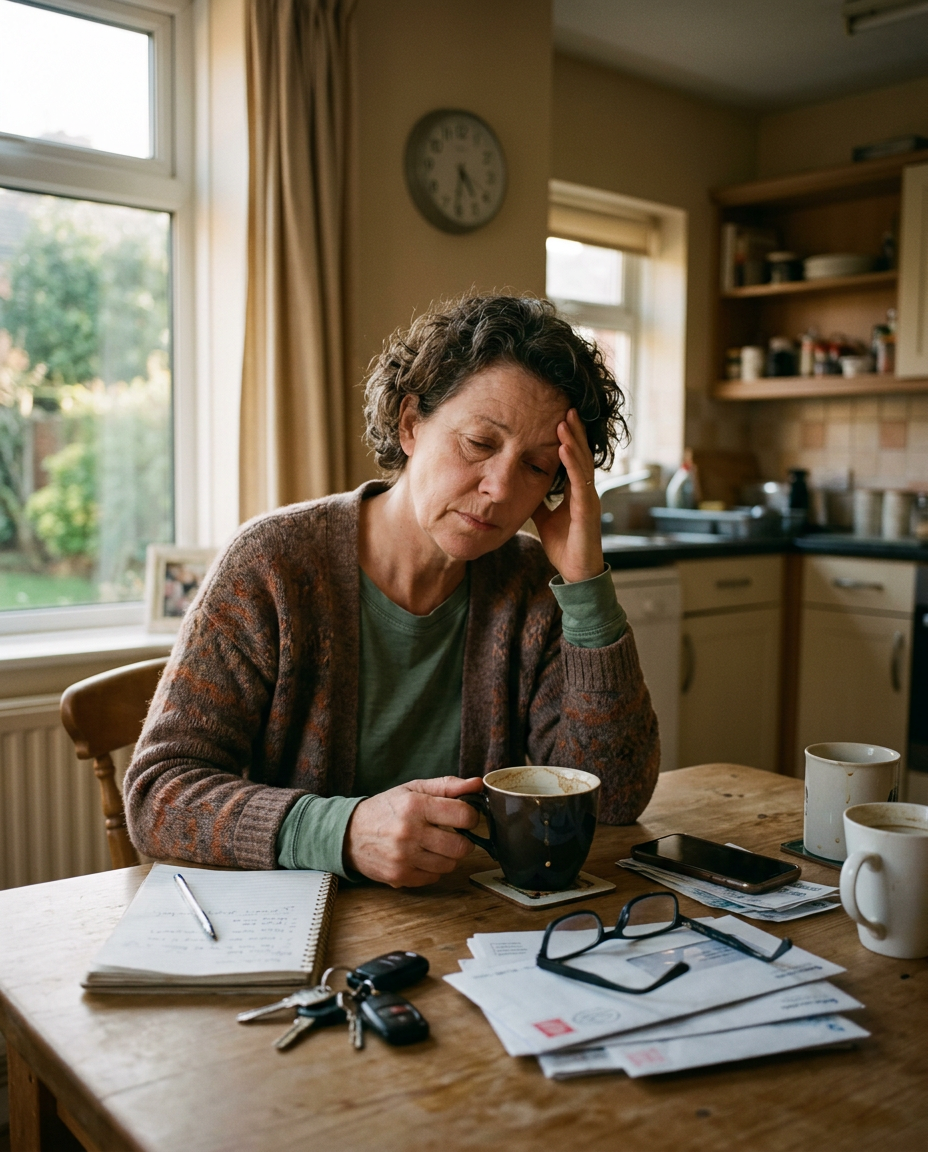 Tired woman in her fifties at a kitchen table with a mug of coffee, hand on her temple
