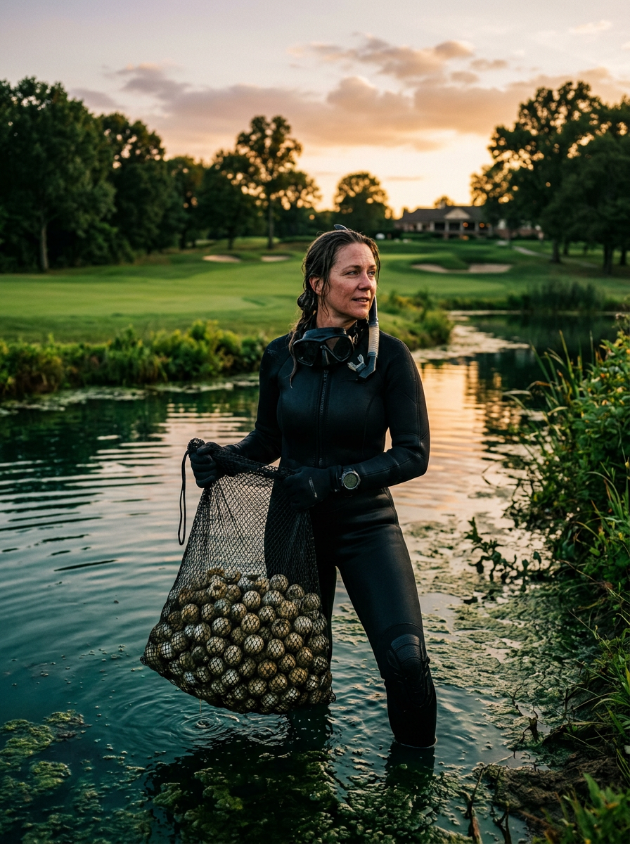 Diver holding a net bag of golf balls recovered from a course pond