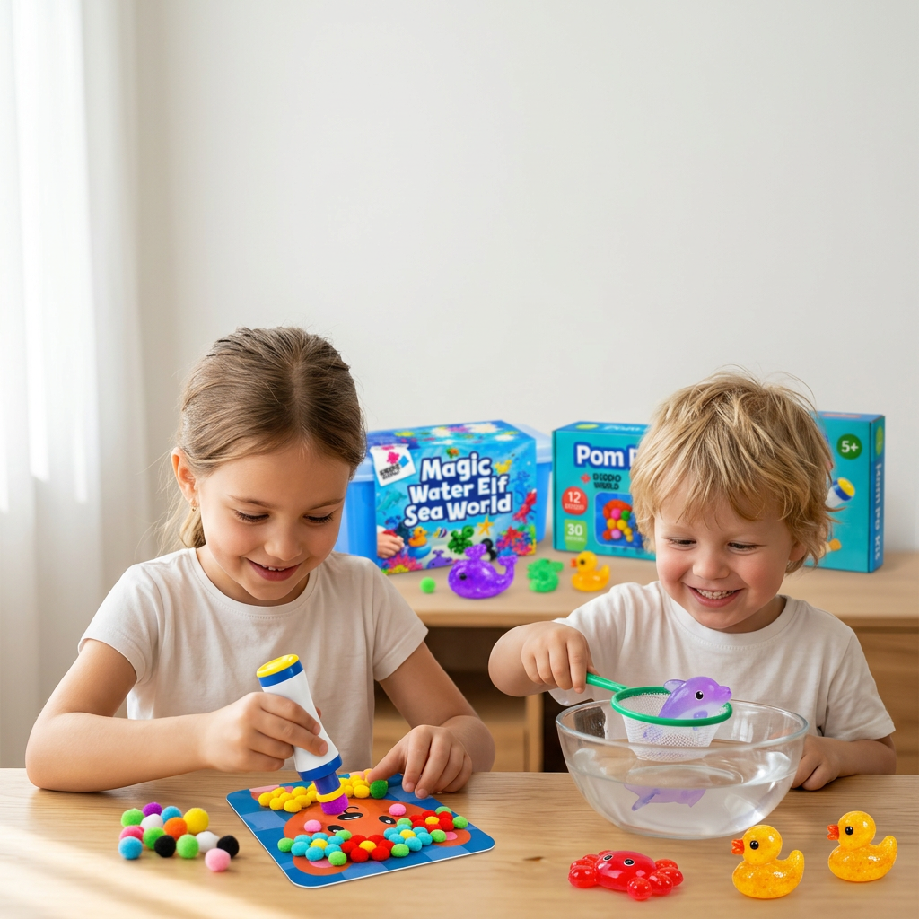 Sestra tvoří Pom Pom zvířátko, bratr loví síťkou hotového vodního squishíka