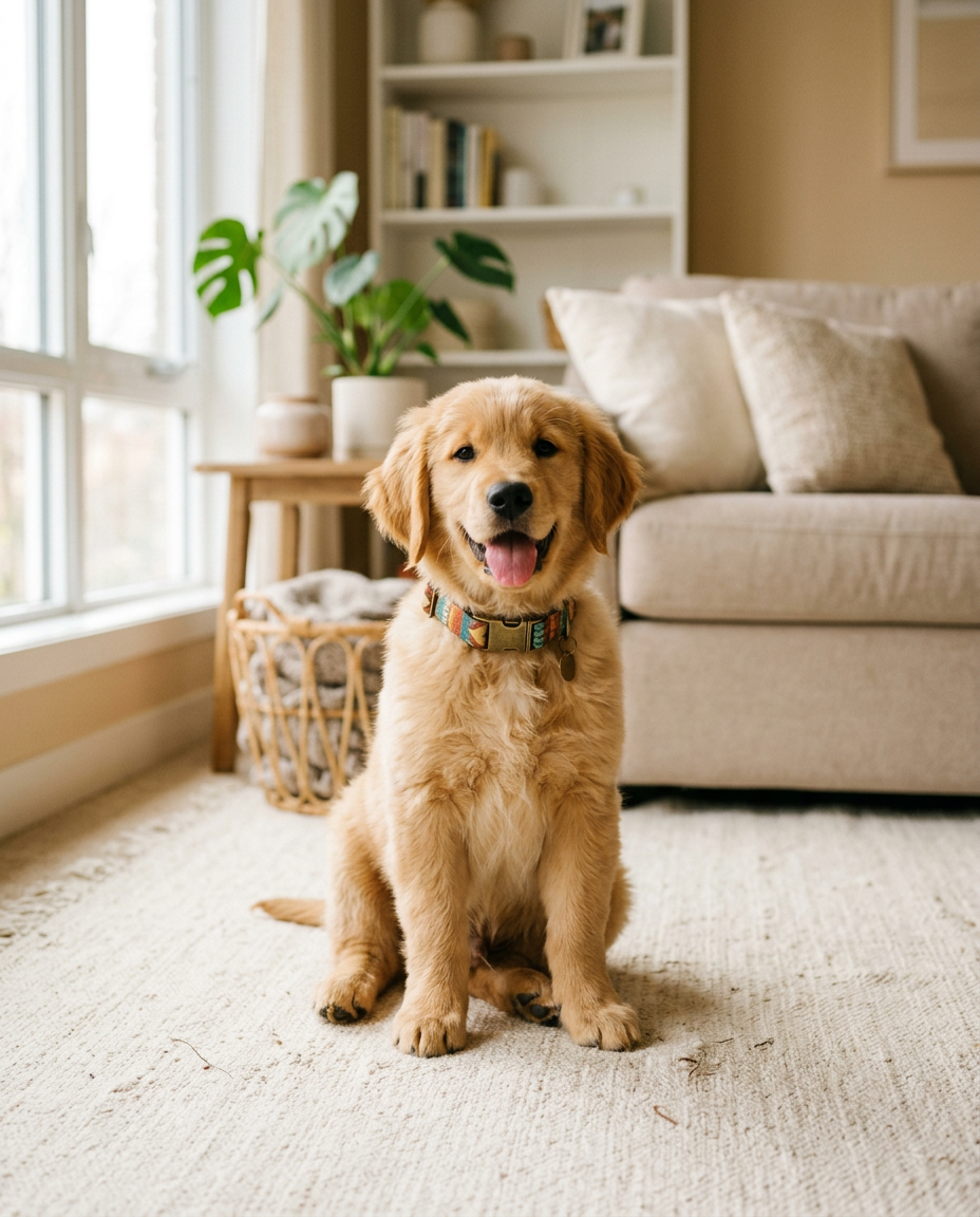 Golden retriever puppy wearing a colorful collar