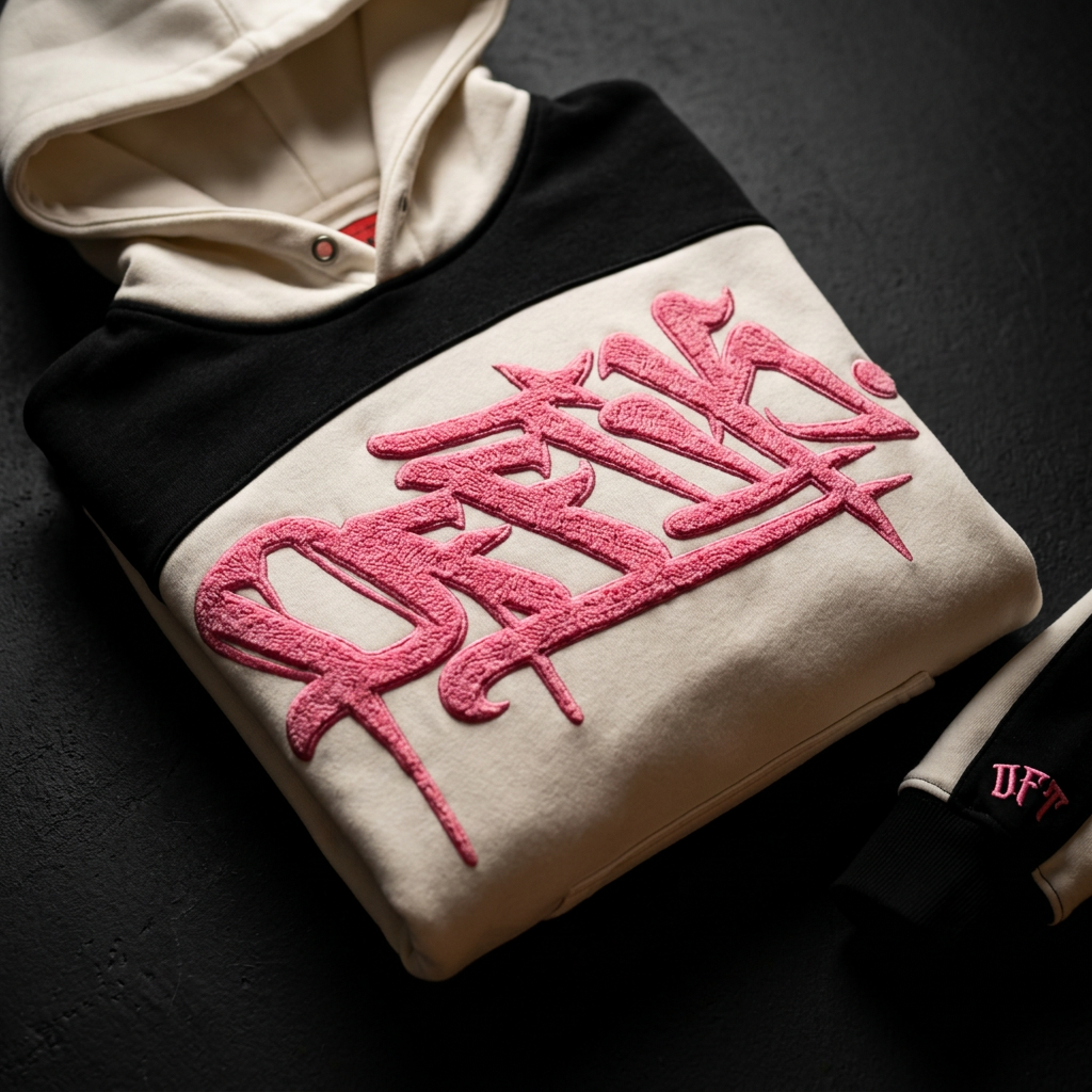 OFFTIK Two-Tone Hoodie folded on black concrete, showing the pink high-density chenille logo on cream heavyweight fleece