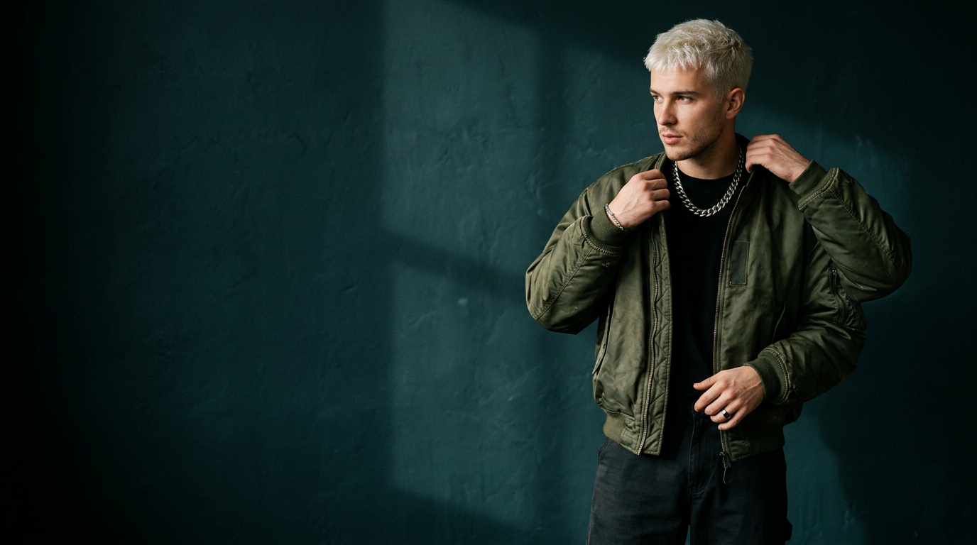 Man in an oversized olive bomber jacket and silver chain against a teal wall