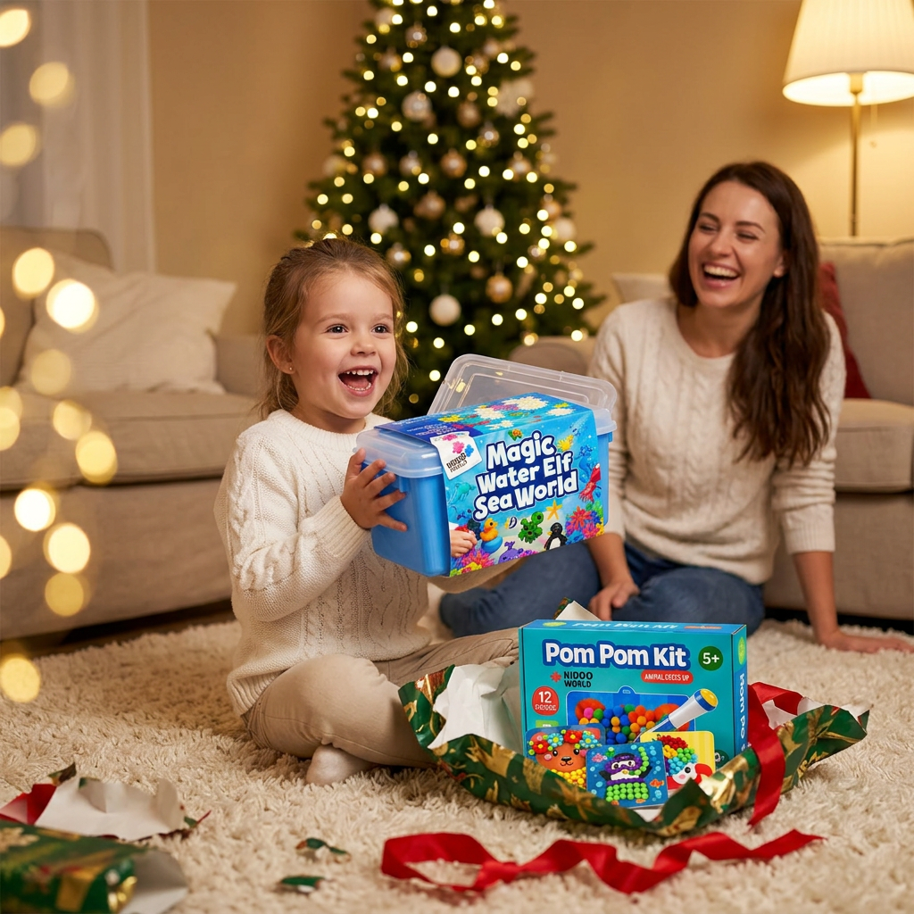 Holčička u vánočního stromečku nadšeně drží Magic Water Squishies, vedle ní rozbalená Pom Pom sada, maminka se směje