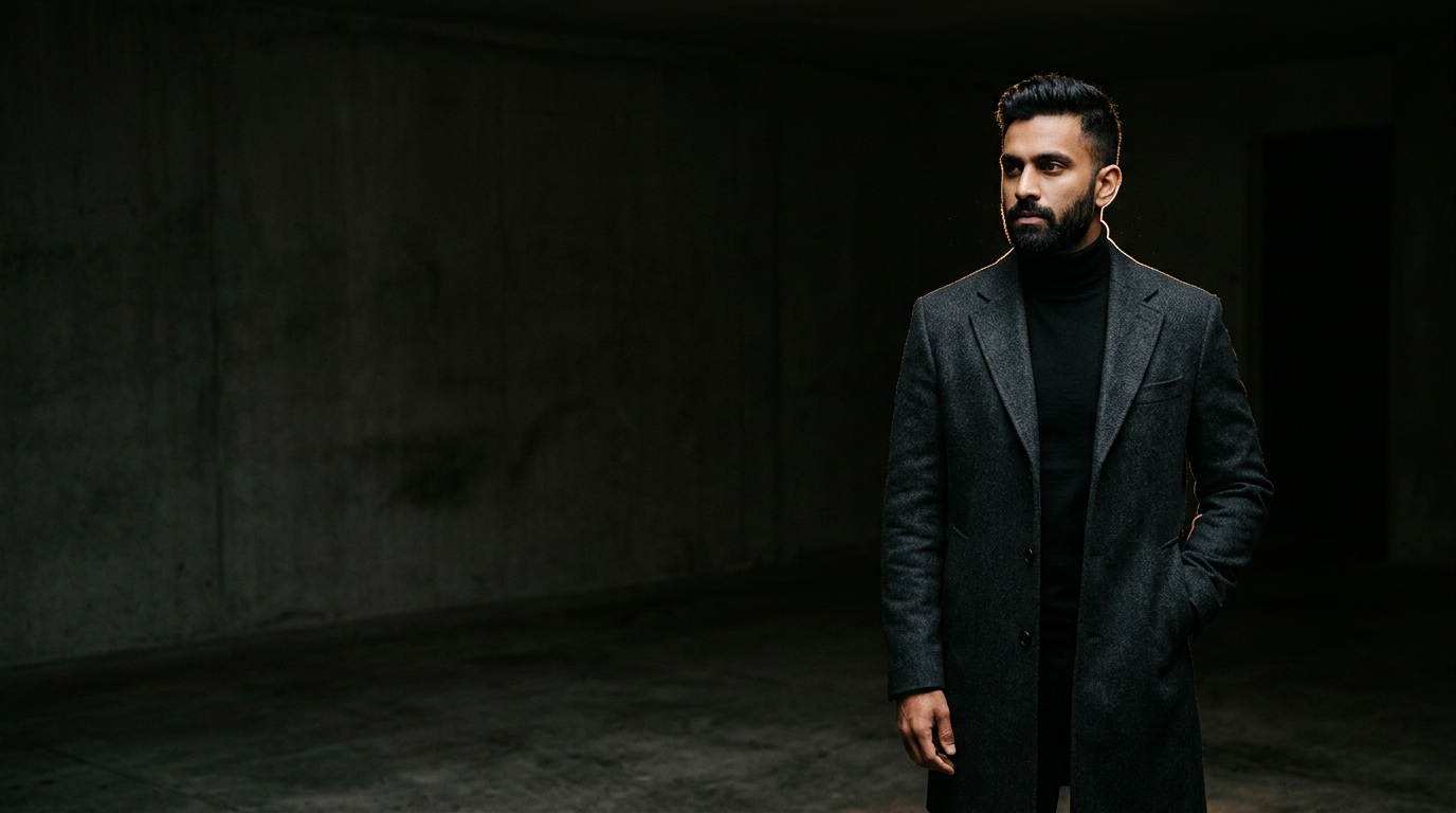 Man in a tailored charcoal overcoat and black turtleneck under dramatic light