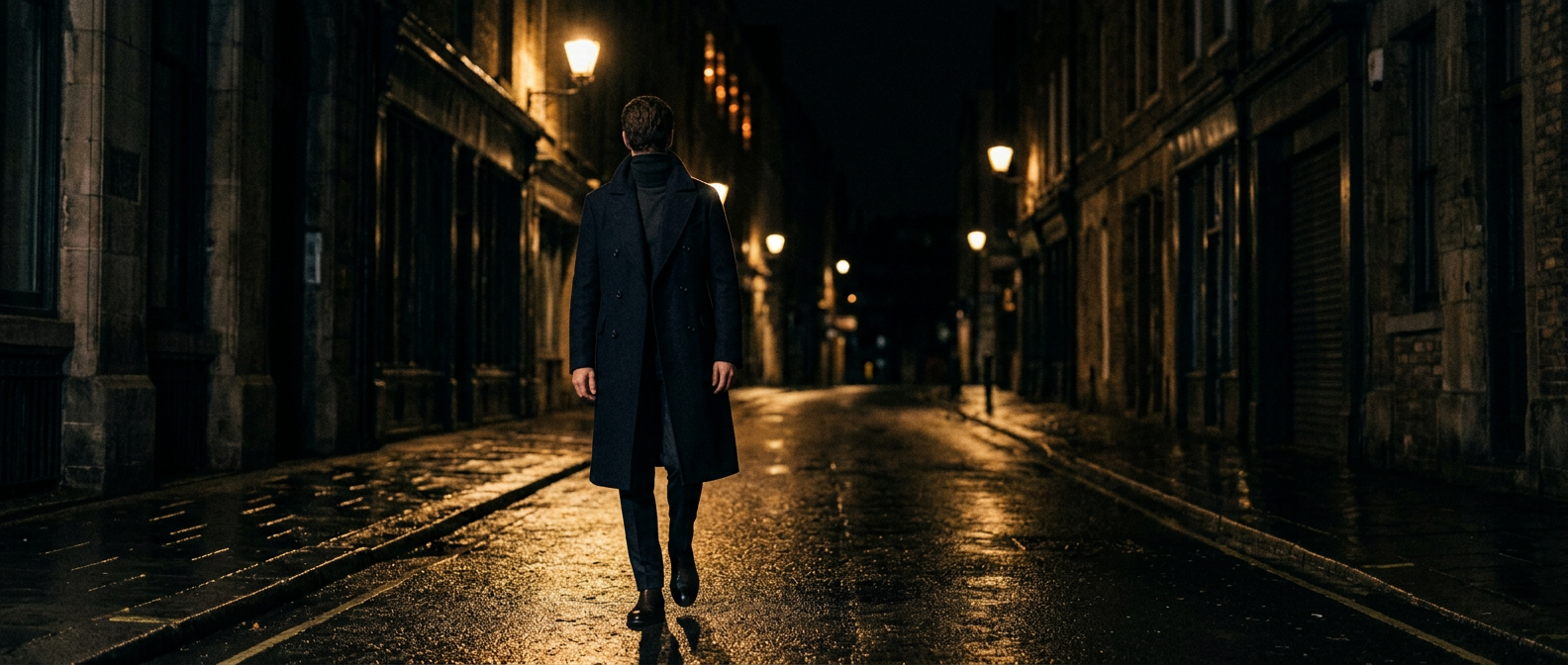 Man in a long dark overcoat walking down a night street