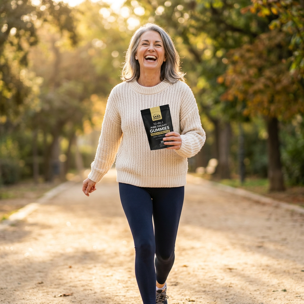 Energetic woman in her fifties laughing on a sunny morning walk holding the XARA pouch