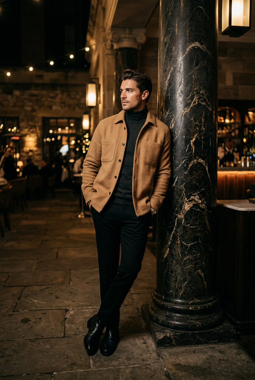 Model in a camel overshirt and black trousers leaning on a marble column at night