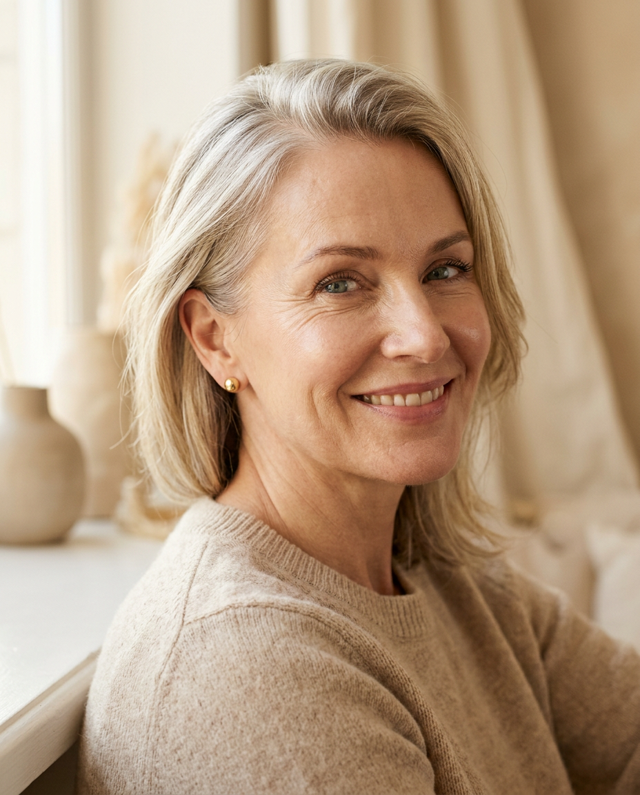Close-up of a smiling woman in her fifties with radiant, dewy skin in soft morning light
