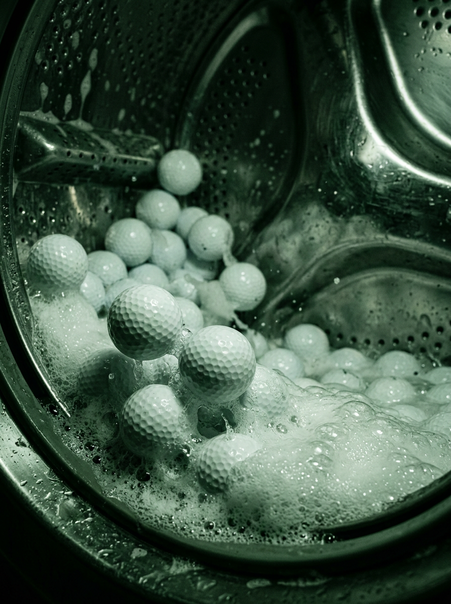 Golf balls tumbling through a foamy industrial wash
