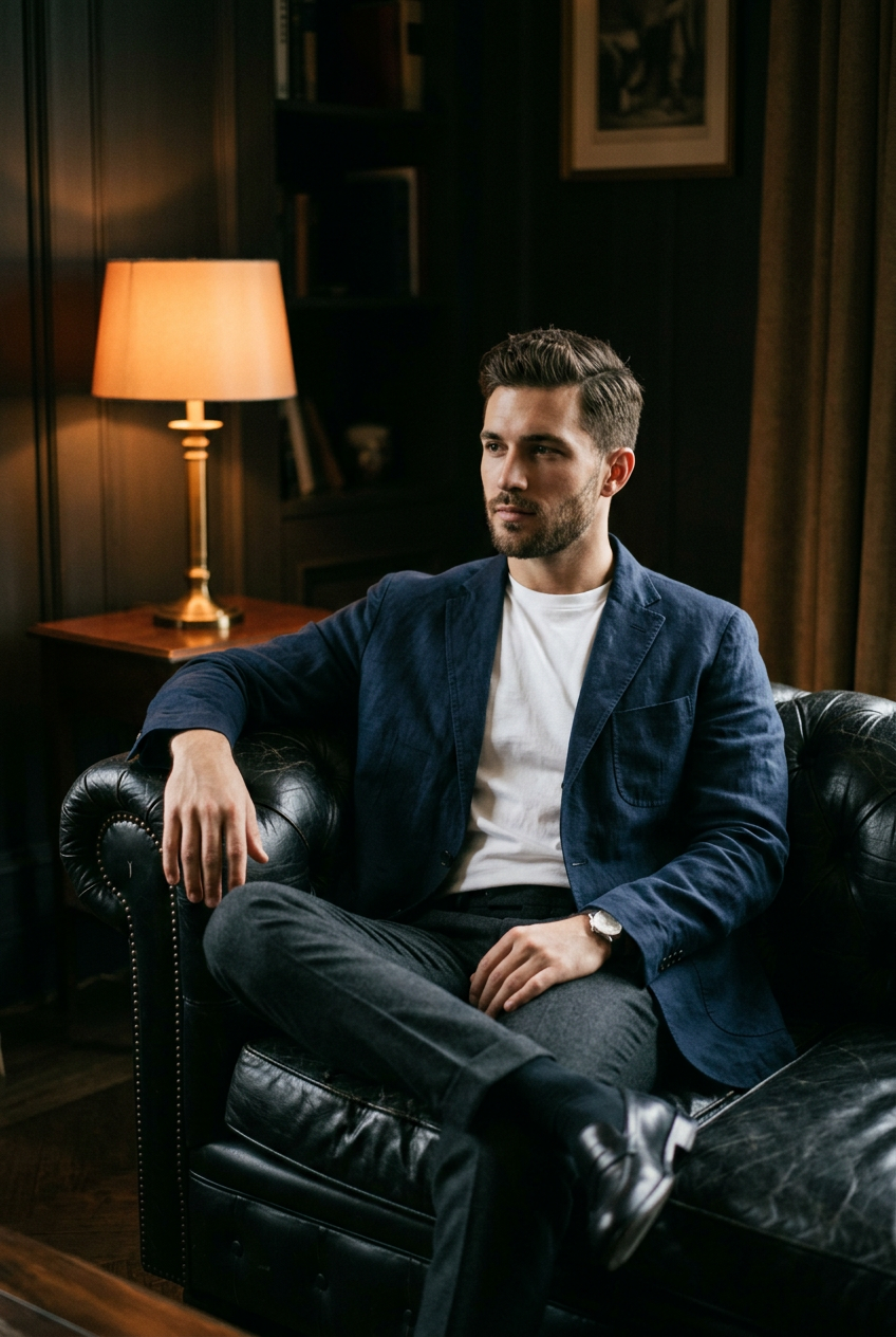 Model in a navy linen blazer seated on a black leather chair in lamplight