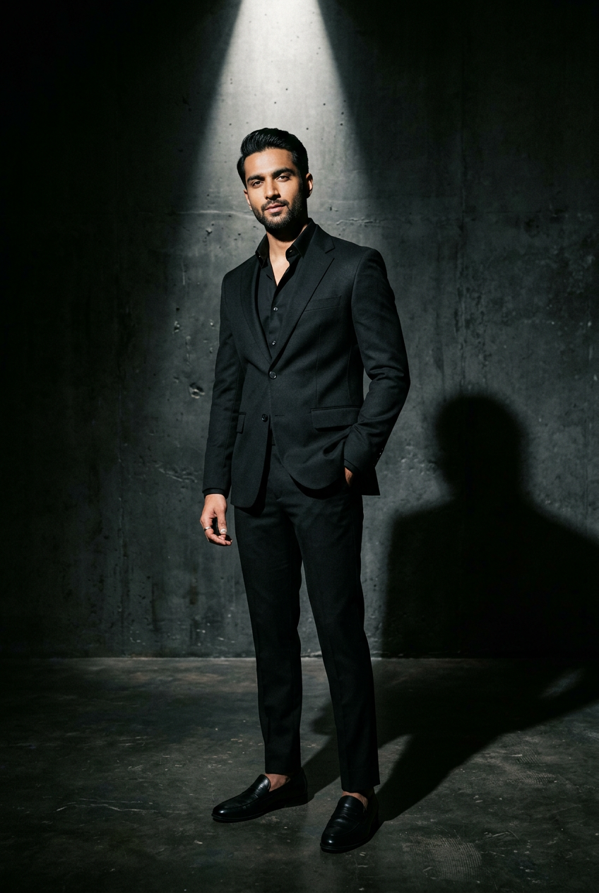 Model in an all-black tailored suit under a single spotlight