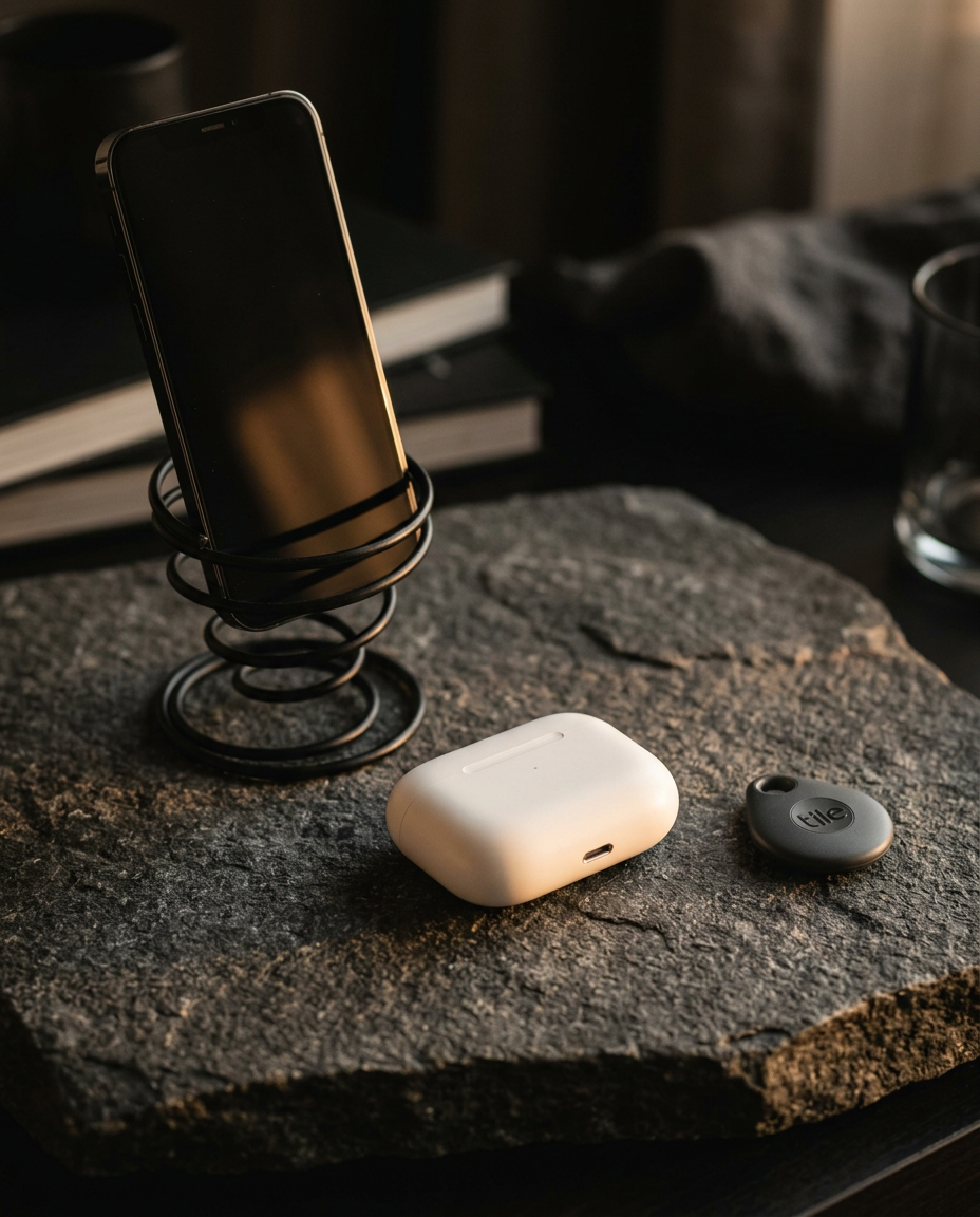 Wireless earbuds, phone stand and bluetooth tracker on dark stone