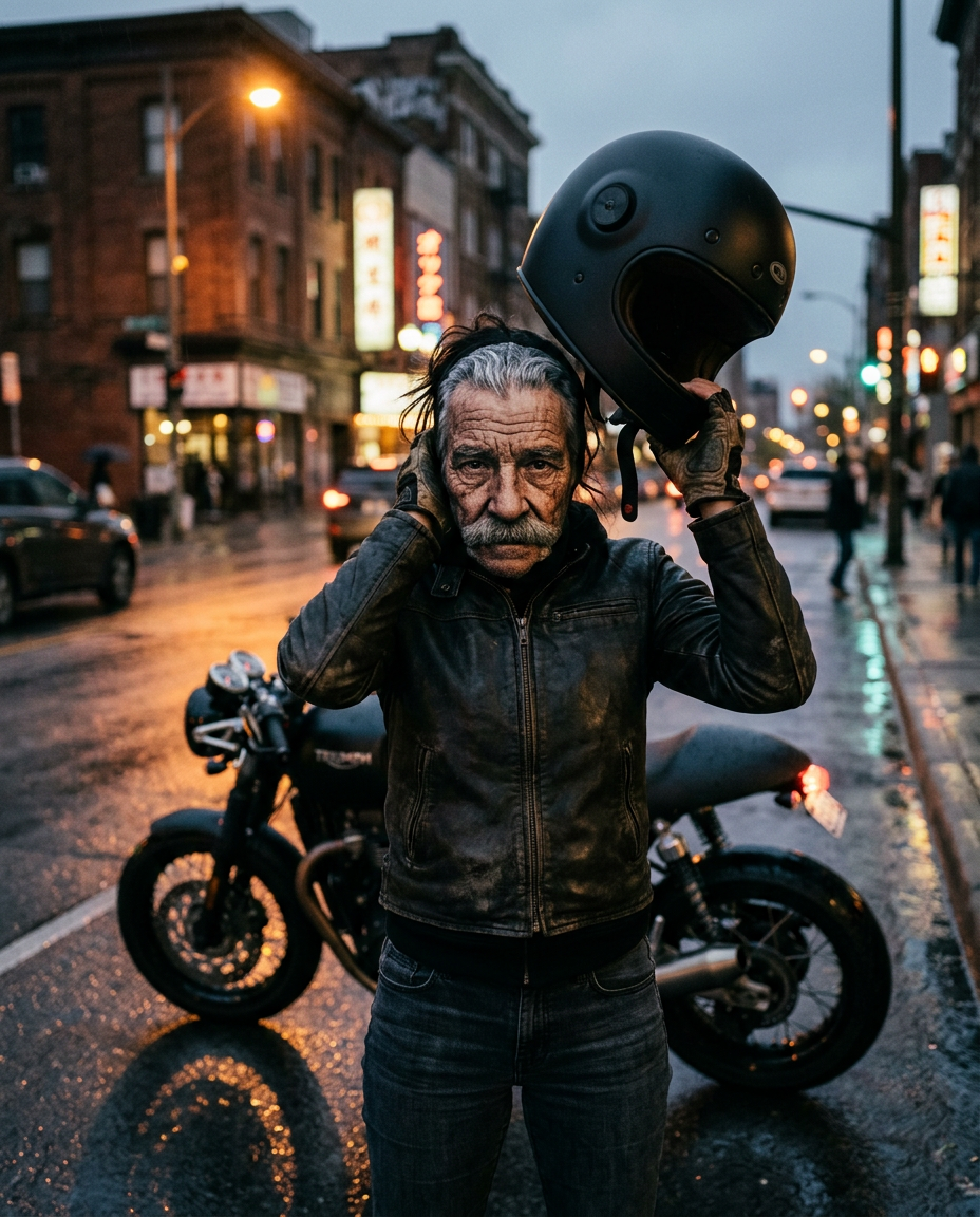 Motorcycle rider on a wet city street at dusk lifting off a black helmet to show a face-print balaclava