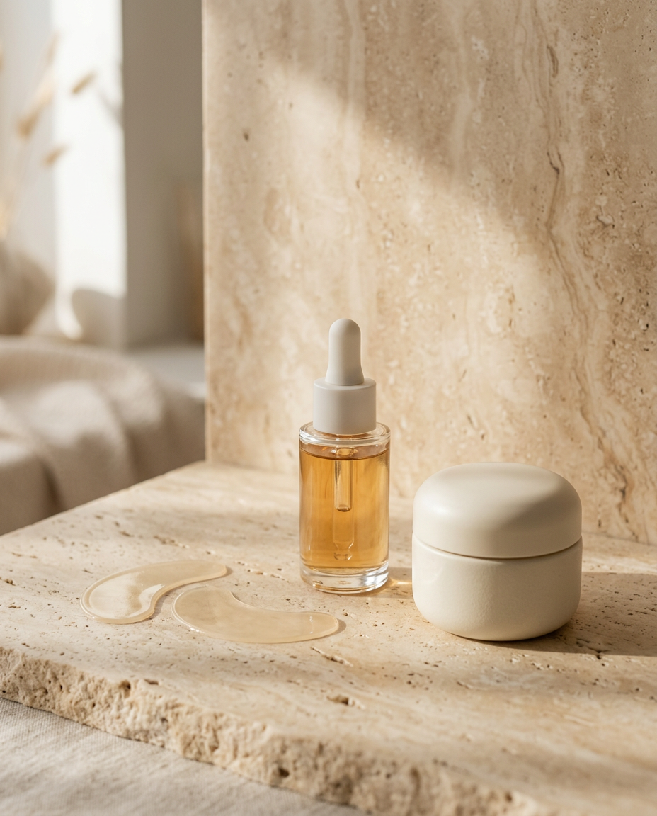 Skincare serum, cream and eye patches on travertine