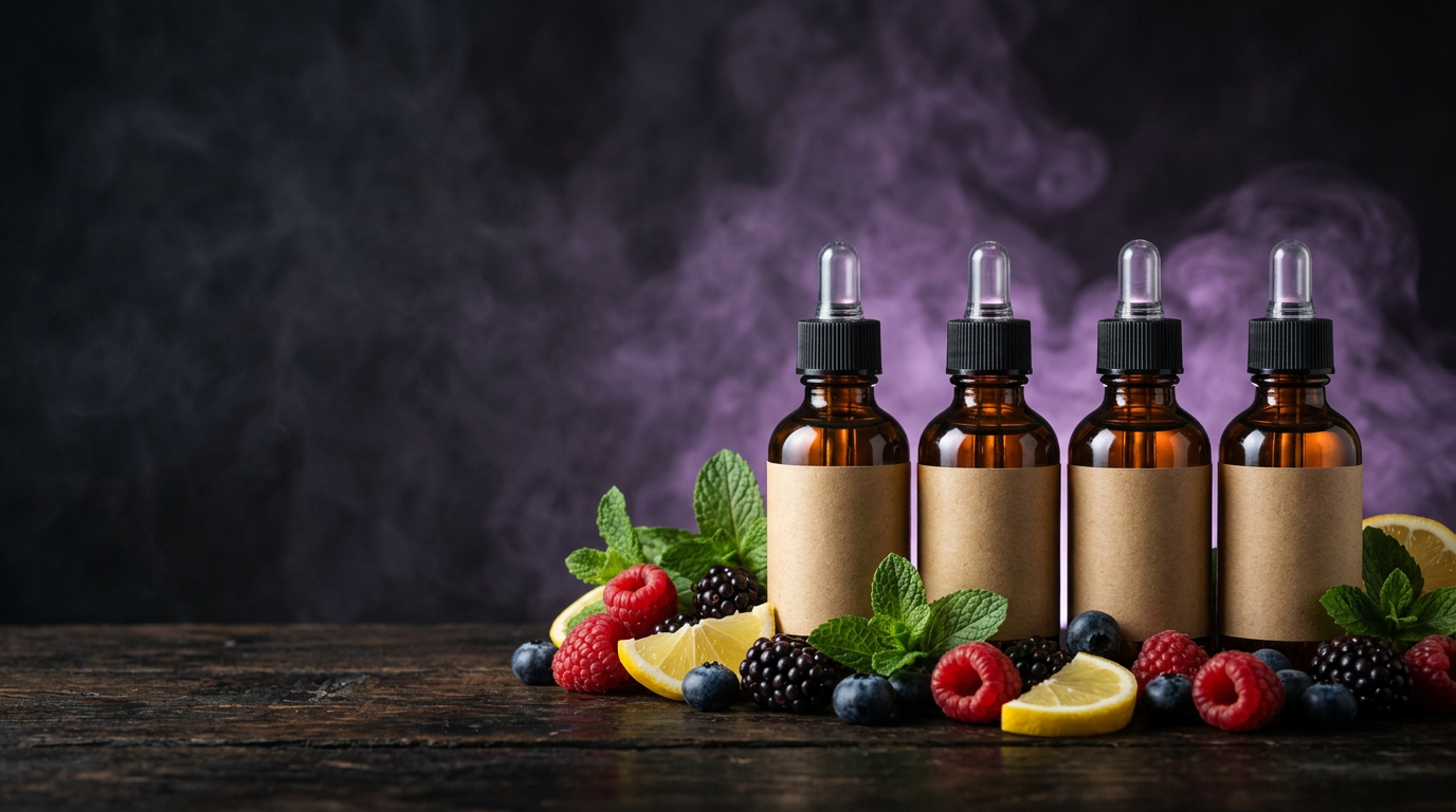 Flacons d'e-liquides CBD entourés de fruits rouges et d'agrumes