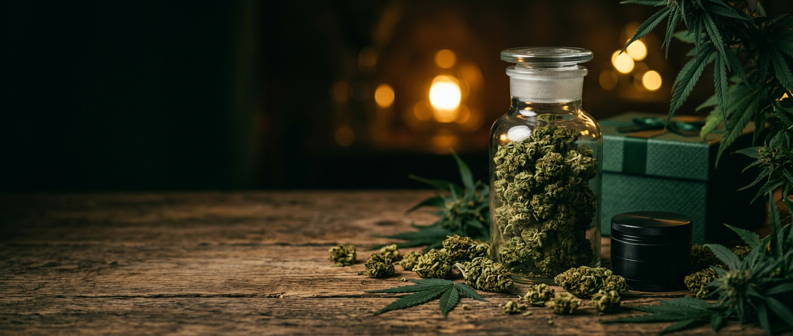 Bocal de fleurs de CBD premium La Trimonerie sur une table en bois