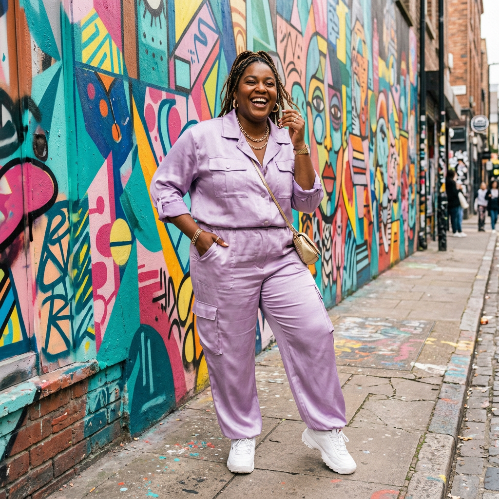 Plus-size woman posing by a colorful mural in a lilac satin cargo set
