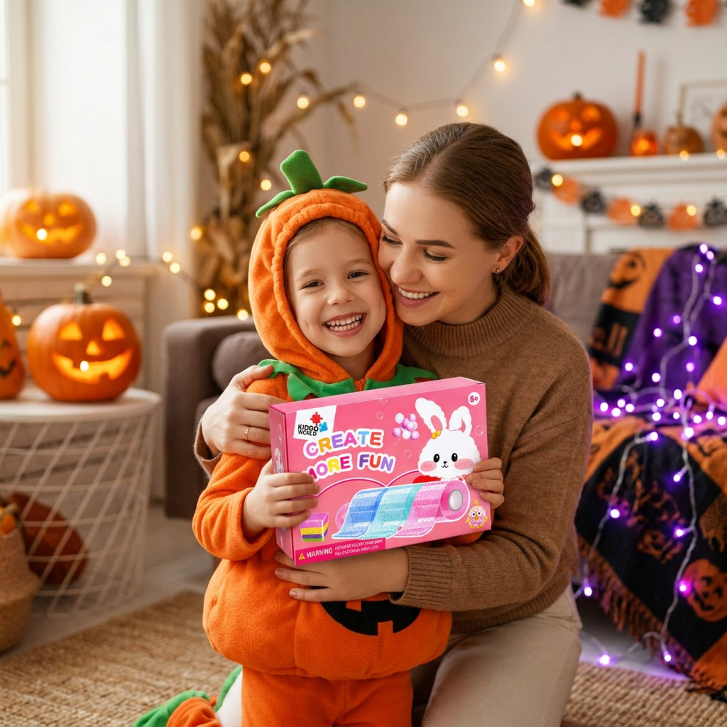 Maminka objímá dceru v dýňovém kostýmu, která s radostí drží sadu Nano Tape Bubble Squishies
