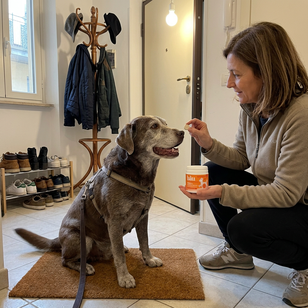 Labrador senior con la pettorina che riceve una compressa di Mobilità e Articolazioni Bàu dalla sua umana prima della passeggiata