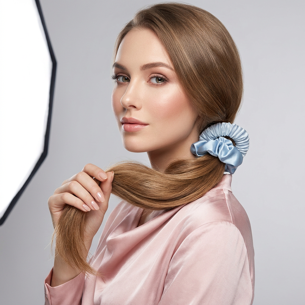 Woman with smooth long hair holding up a satin scrunchie