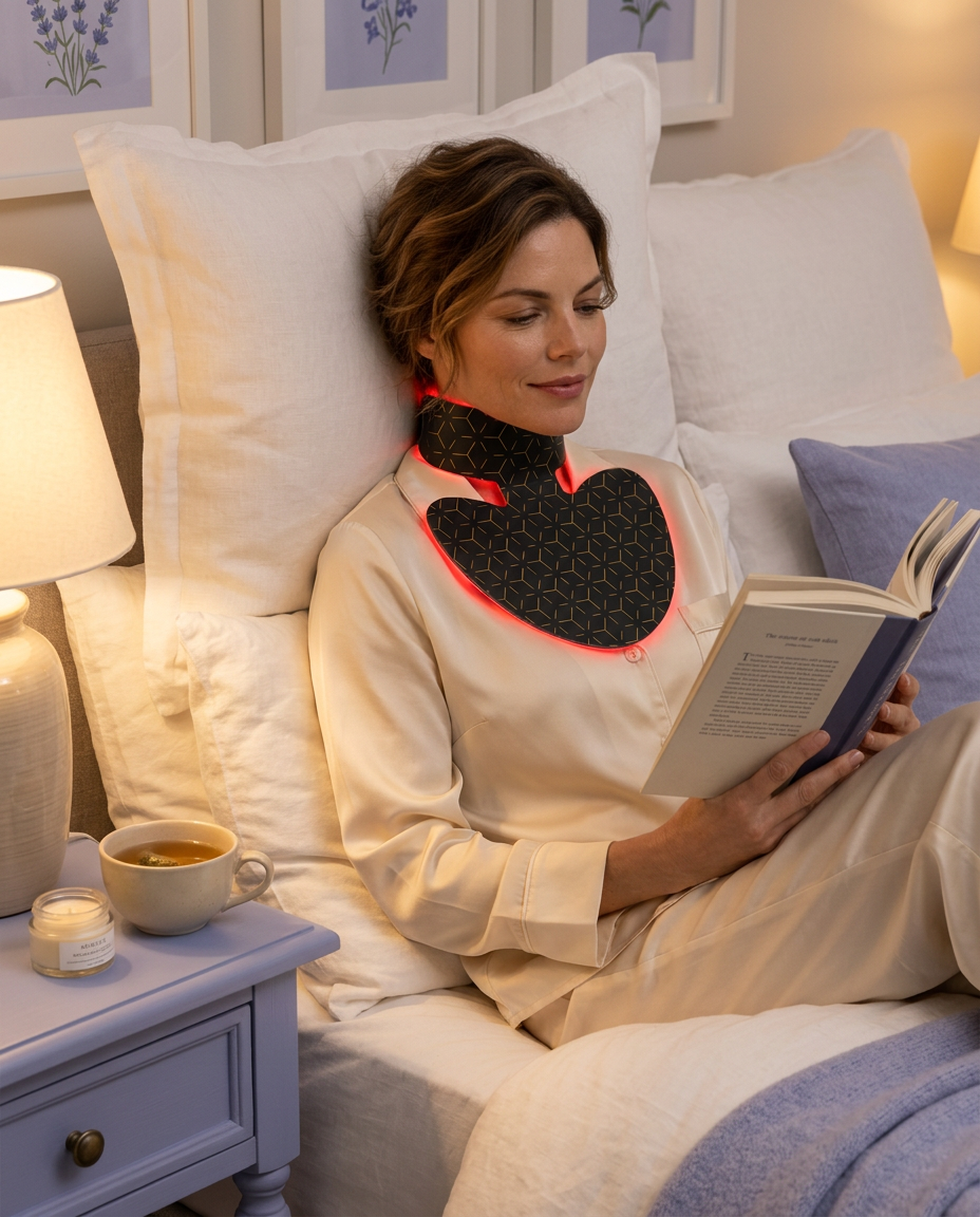 Woman reading in bed while wearing the LED neck and décolleté mask