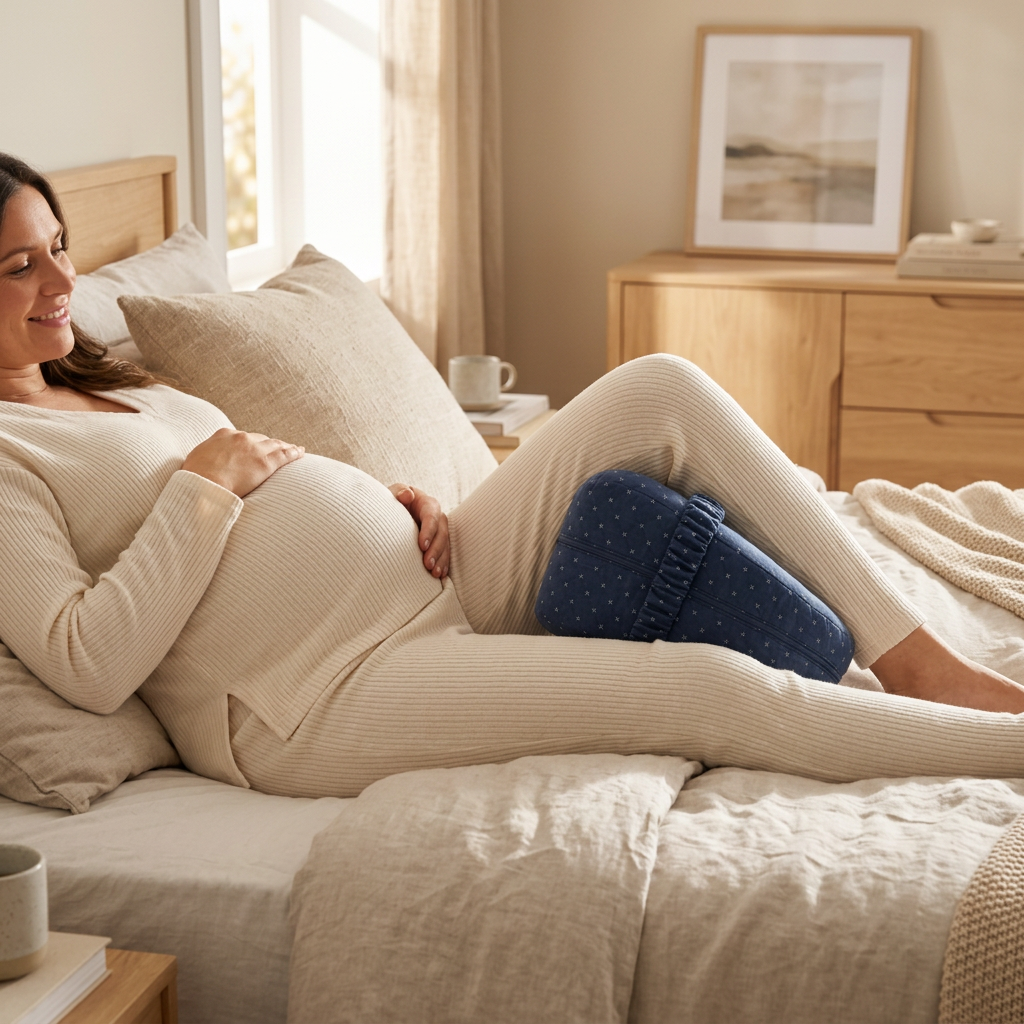 Pregnant woman resting on her side in bed with the navy Knee Pillow between her knees