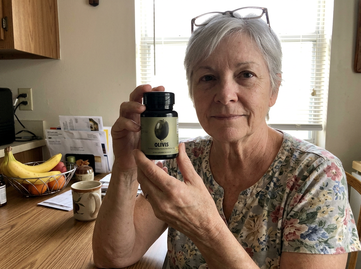 Linda K. at her kitchen table holding up a bottle of Olivis