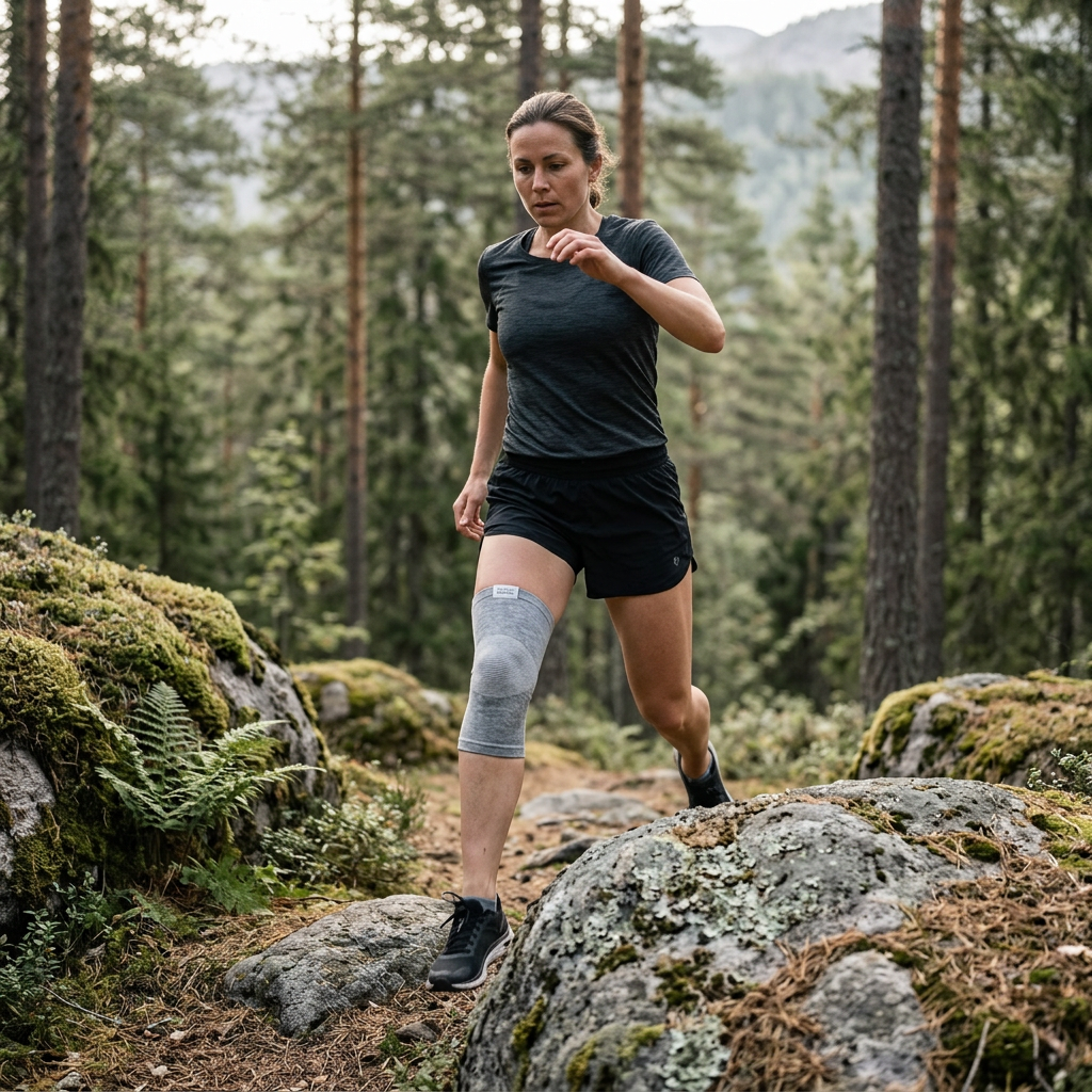 Woman hiking on a Nordic forest trail wearing the grey bamboo compression sleeve on her knee