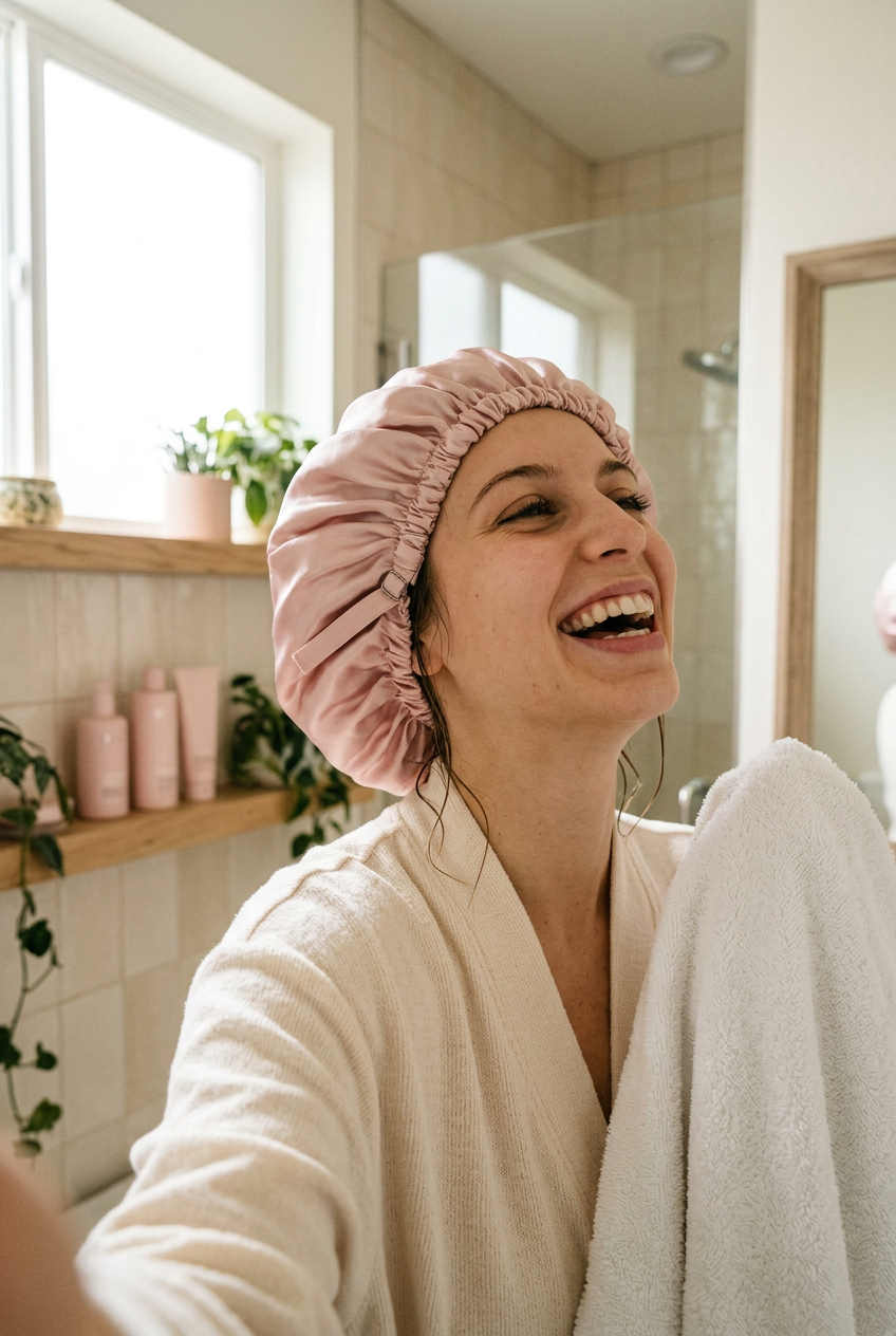 Woman laughing in a bright bathroom wearing a satin shower cap