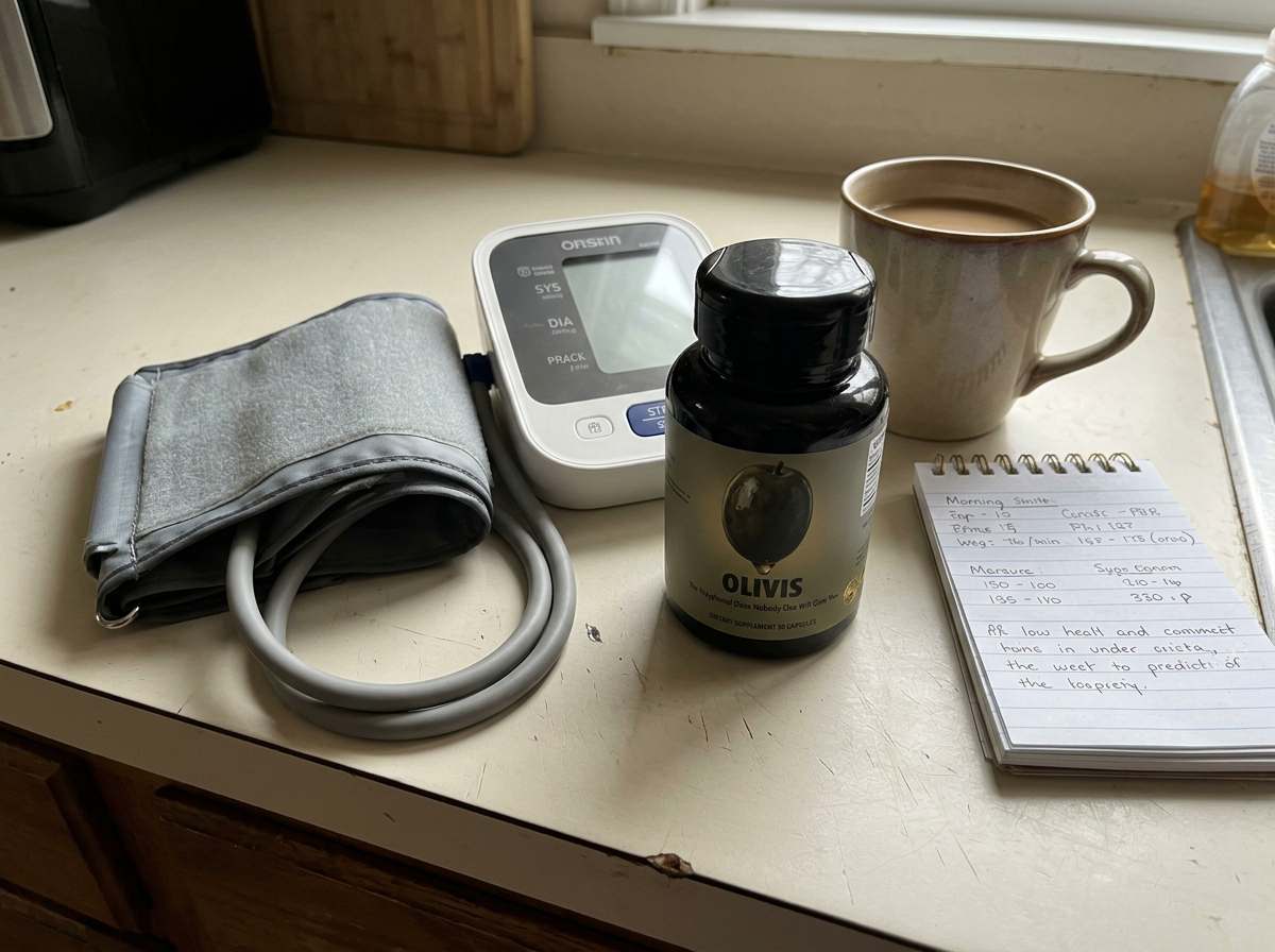 Frank's bottle of Olivis next to his blood pressure monitor on the kitchen counter