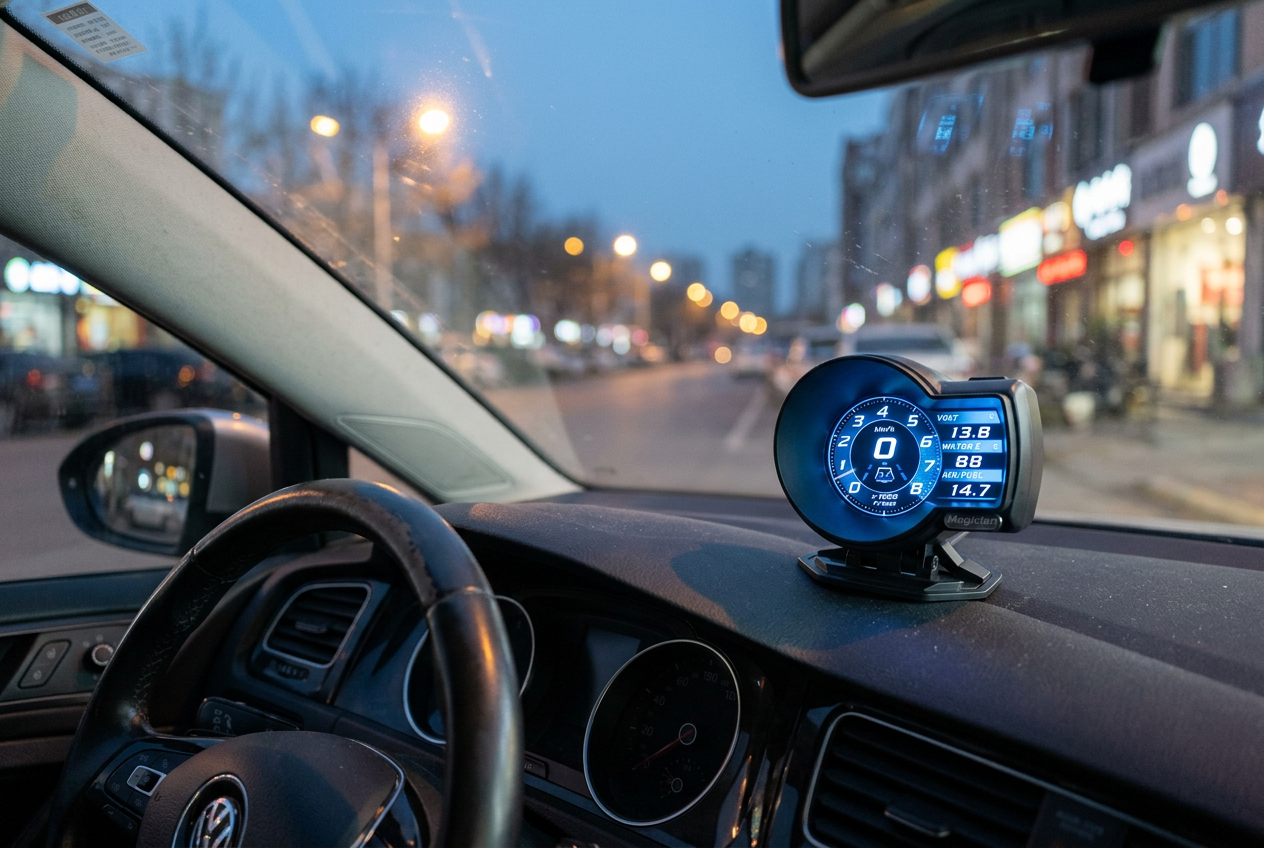 Driver's view at dusk with the OBD gauge glowing on the dashboard of a parked car on a city street
