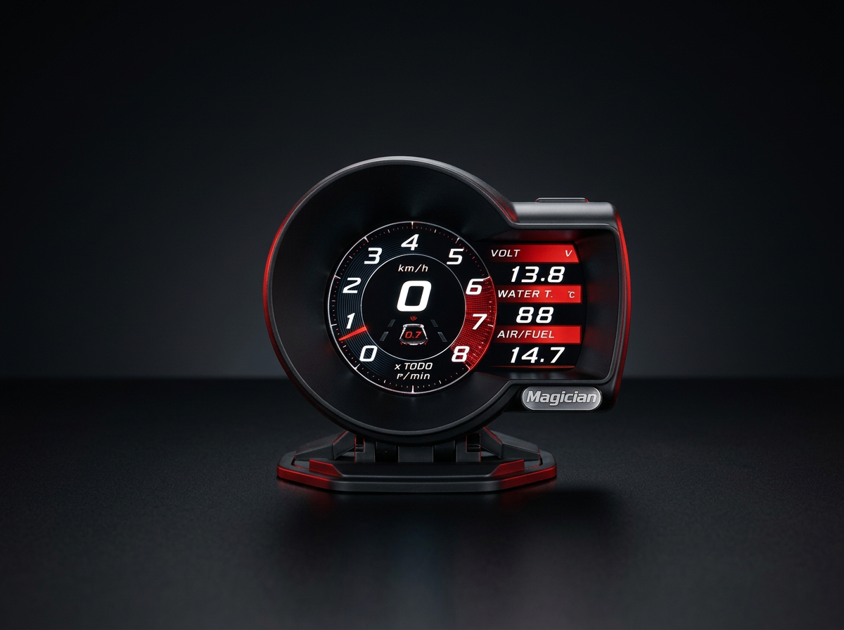 OBD LCD gauge on a matte black surface with red edge lighting