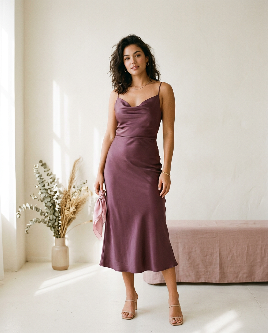 Woman wearing a plum satin midi dress in a sunlit studio